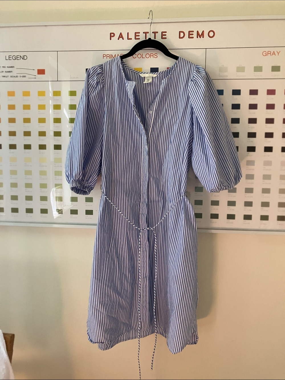 H&M Blue and White Stripe Shirt Dress with subtle Puff Sleeves